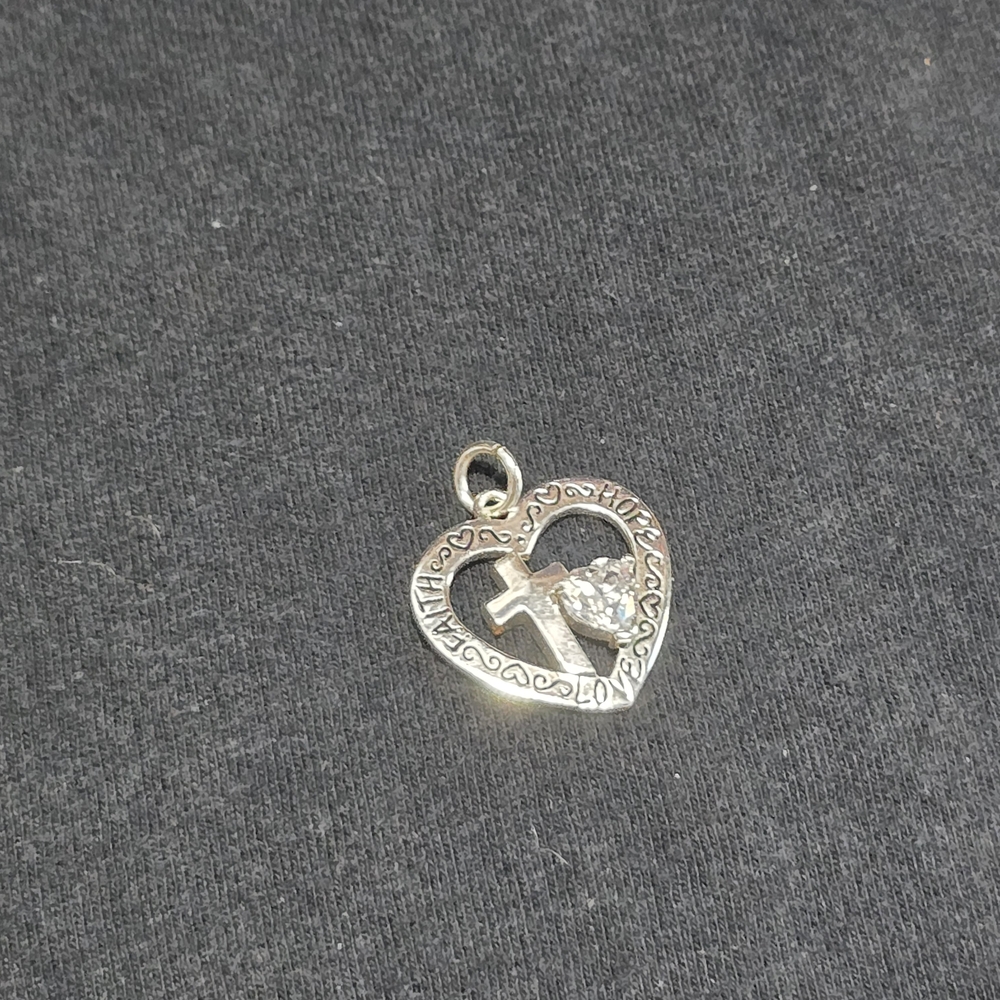 Silver Heart Pendant with Cross and Crystal Accent - Picture 5 of 8